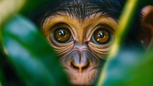 Baby chimpanzee gaze peers through dense jungle leaves