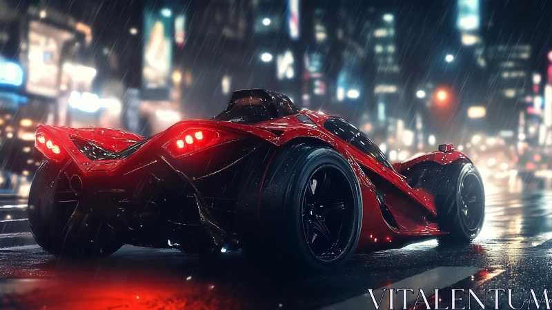 Red three-wheeled concept car on wet city street at night.