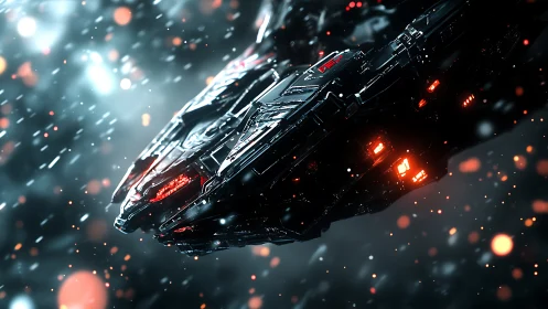 Stealth starfighter cuts through glowing particle storm.