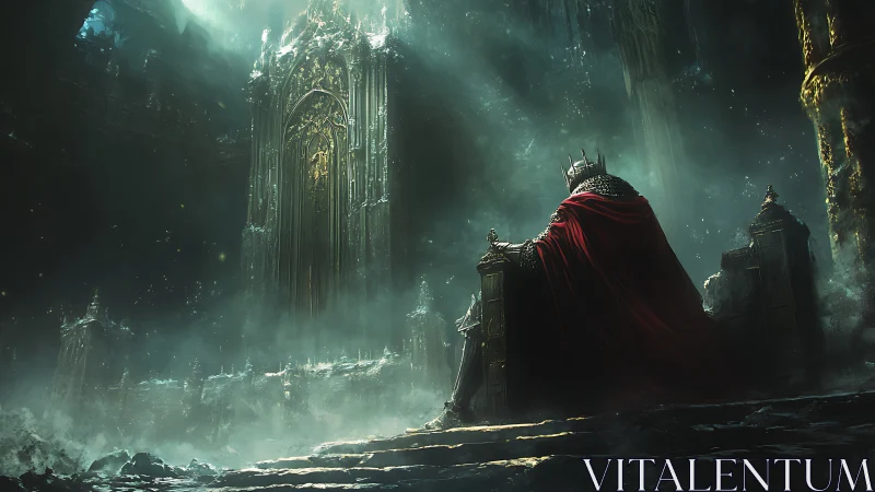 Seated crowned figure in vast gothic throne chamber interior.