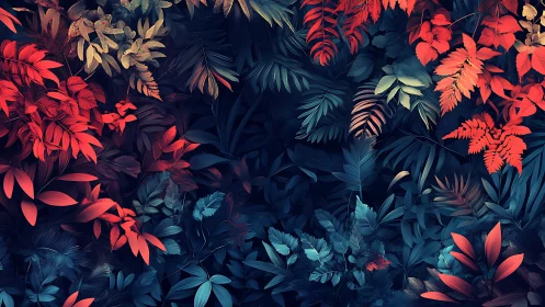 Digital foliage tapestry with red and teal tropical leaves.