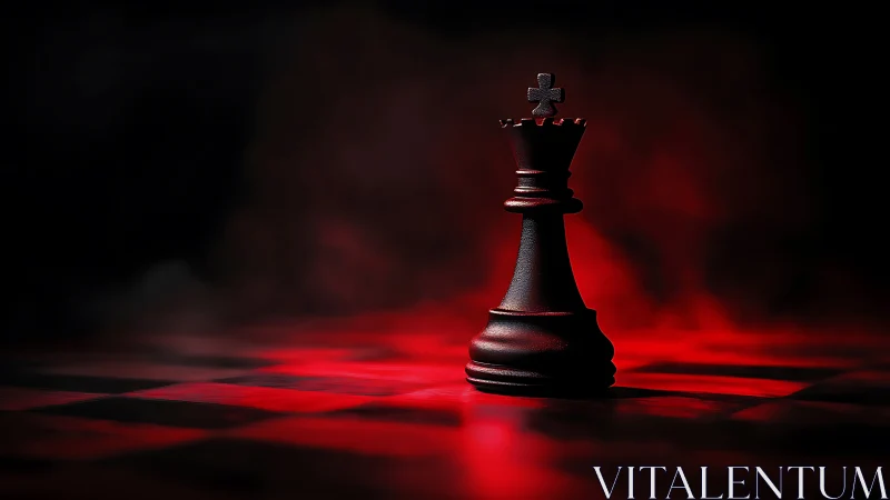 Photorealistic black king on dramatic red chessboard.