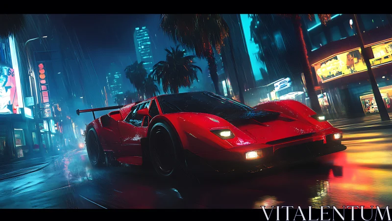 Red sports car moves through wet neon city street at night