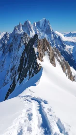 Snow ridge leading toward jagged alpine summit range.