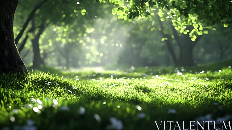 Tree-filled meadow with directional sunlight and soft focus.