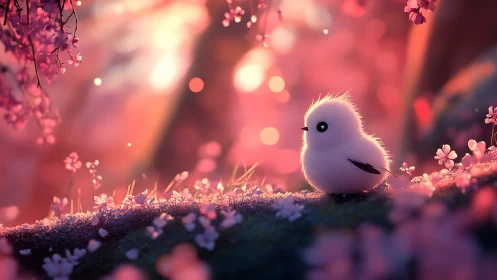 Fluffy white bird in pink blossom forest at sunset.
