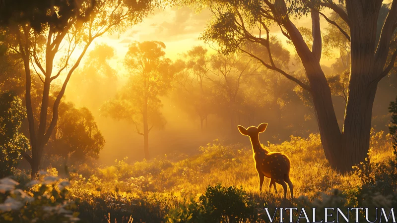 Young deer in sunlit forest clearing at golden hour.