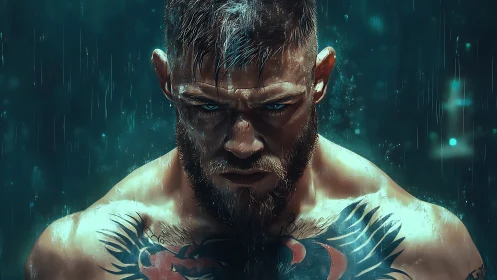 Rain-soaked tattooed fighter portrait with intense blue lighting