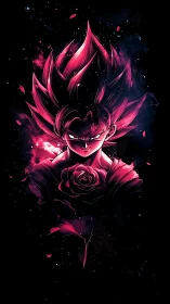 Crimson-haired anime warrior portrait with glowing rose emblem