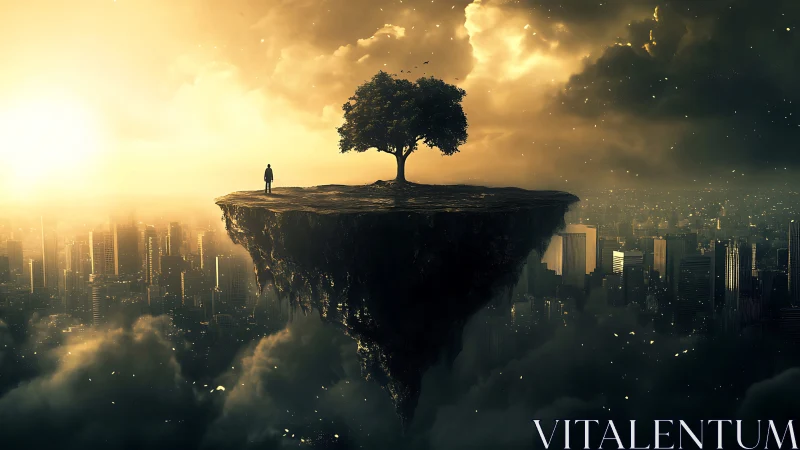 Isolated floating rock plateau hovers above hazy futuristic city