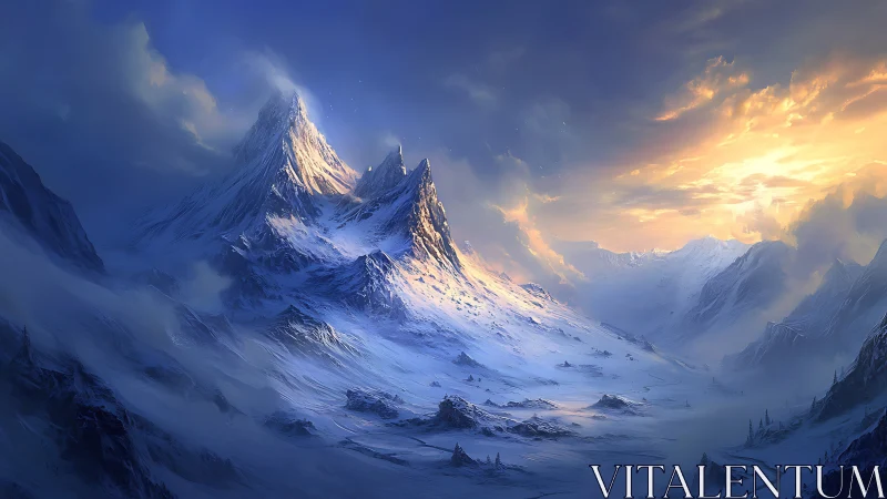 Sunfire crown over a crystalline winter mountain valley.