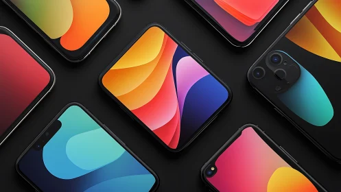 Digital render of gradient wallpapers displayed on black smartphones