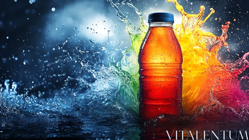 Chilled beverage bottle amid dynamic colorful splashes.