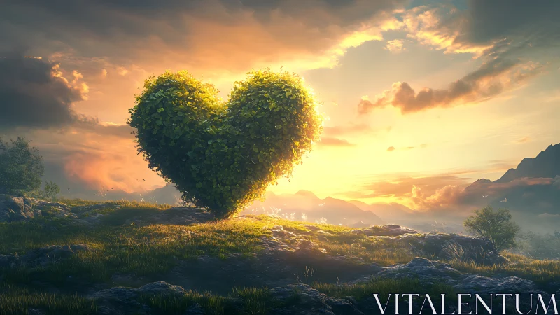 Heart-Shaped Tree Glows Beneath Golden Sunset Sky