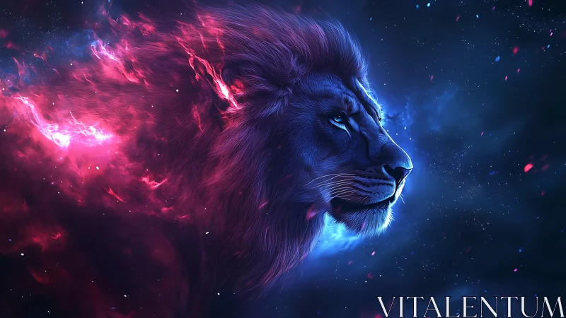 Starlit cosmic lion drifting through glowing nebulae.