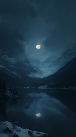 Lunar-lit alpine lake framed by snowbound mountains at night