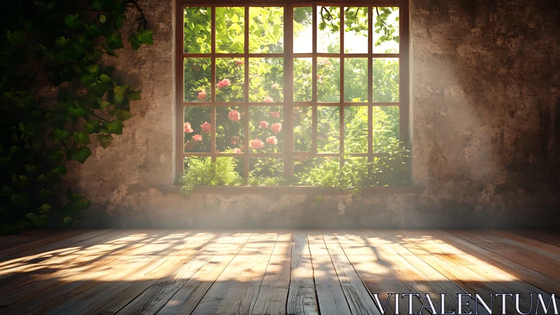 Sunlit room opening gently toward a quiet garden world.