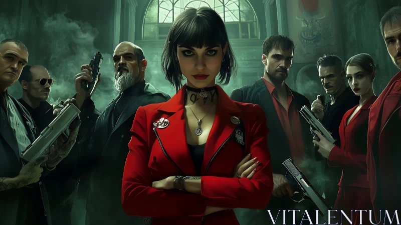 Armed criminal group in red and black suits indoors.