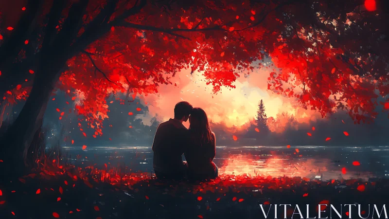 Silhouetted Lovers Under Burning Autumn Canopy.