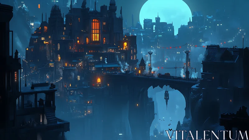 Futuristic cliffside city glows beneath oversized moon.