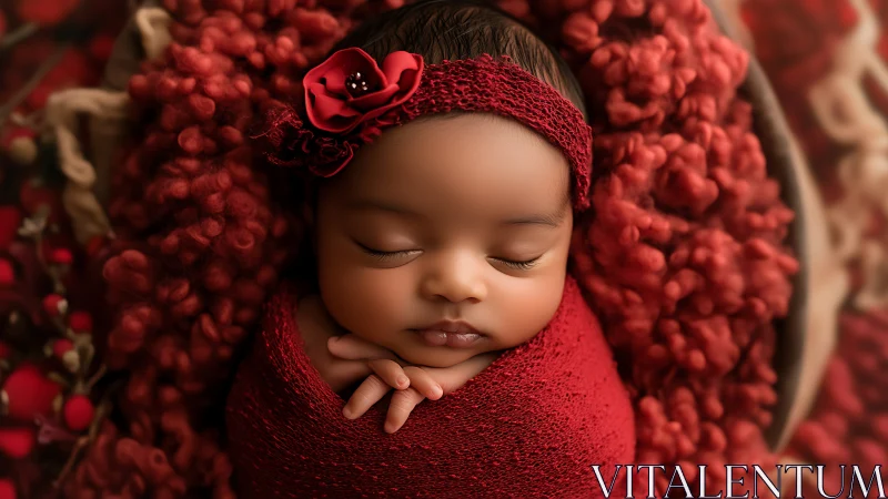 Sleeping newborn wrapped in crimson, textured headband adorned with flower.