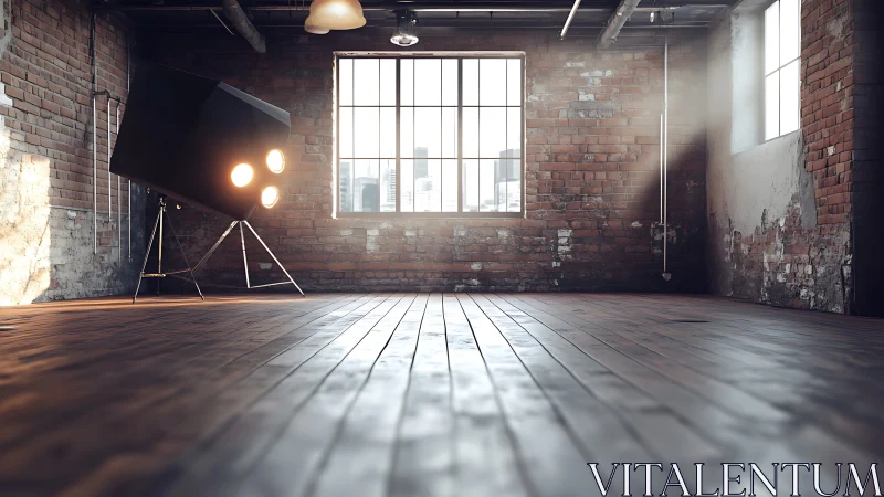 Industrial loft interior with spotlight and brick walls.