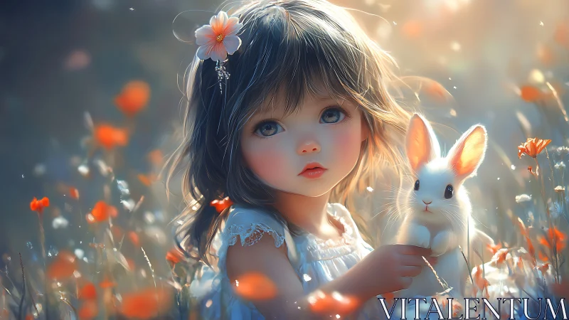 Pastel meadow child cradling luminous white rabbit softly.
