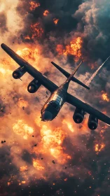 Military transport aircraft engulfed by massive explosions.
