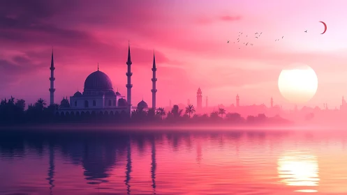 Mosque skyline over tranquil pink lagoon at radiant sunset.