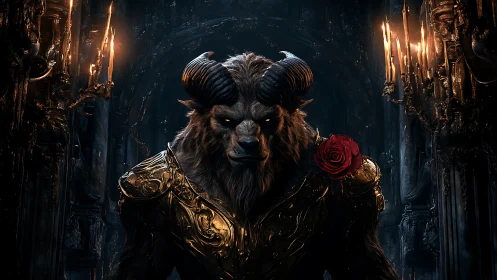 Horned beast in ornate armor holding red rose in darkness.