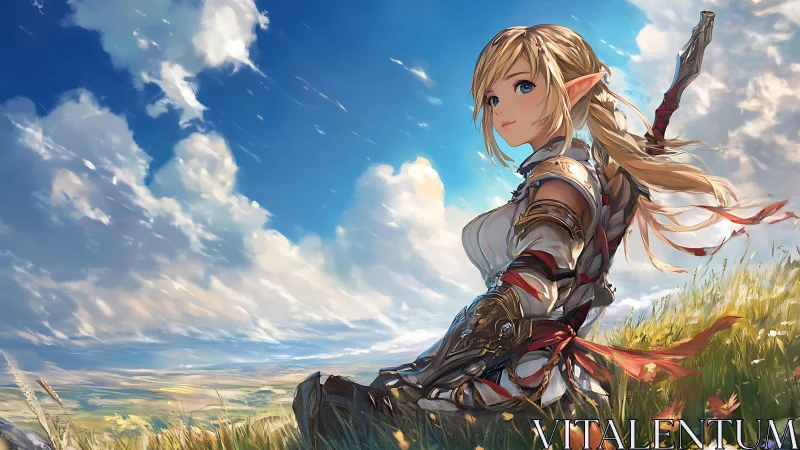 Elf warrior resting in sunlit meadow under vast sky.
