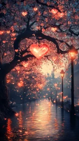Luminous hearts suspended in glowing cherry blossom arch.