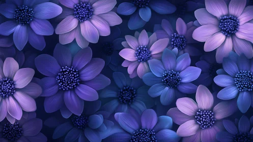 Blue and Purple Digital Flowers with Textured Petals.