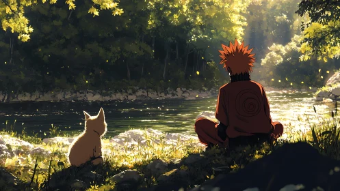 Sunlit riverside duo in contemplative anime landscape.