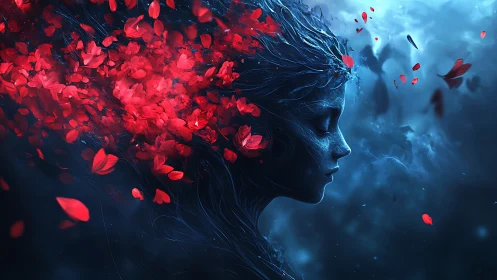 Dreaming woman dissolves into bright red petals in blue dusk