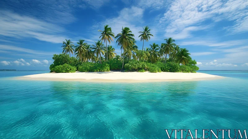 Pristine tropical island with white sand and palm trees.
