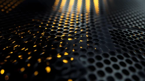 Close-up of perforated black metal with glowing amber lights, abstract style.