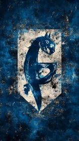 Grungy blue horse crest emblem on distressed background.