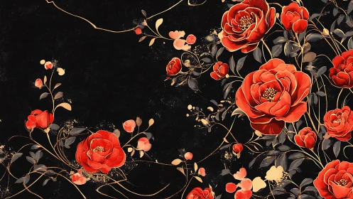 Radiant Red Roses Bloom Against Deep Black Canvas