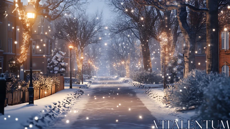 Snowy city street glows under warm winter lights at dusk.