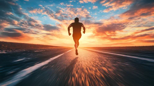 Sunset endurance runner on glowing open highway horizon.
