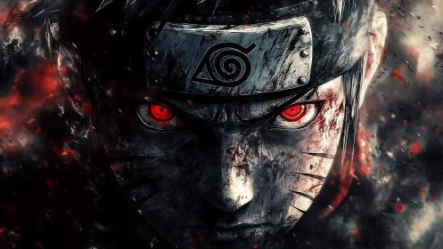 Fierce shinobi portrait with glowing red eyes and ash