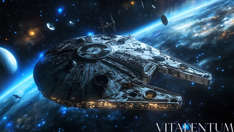 Iconic starship cuts across luminous galactic battlefield