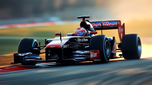Single-seat formula race car on track at sunset period.