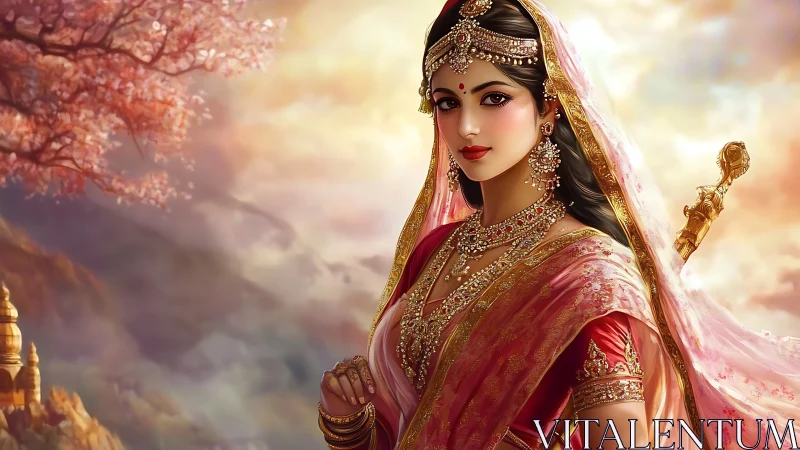 Regal warrior princess in jeweled sari against sunrise sky.