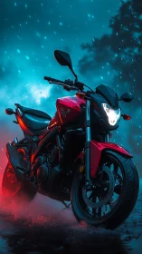 Red street motorcycle in wet nighttime rain scene, front view.