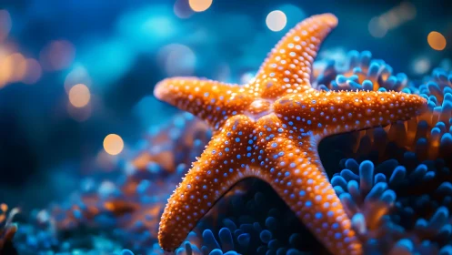 Bright orange starfish on vivid blue coral underwater scene.