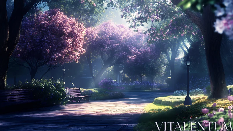 Sunlit blossom path inviting quiet morning wanderings.