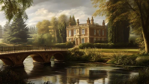 Neoclassical manor and arched stone bridge in luminous riverside landscape