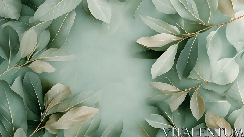 Symmetric eucalyptus foliage pattern on misted teal field.